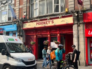 Exterior of Mooney's of Abbey Street: red exterior with cream and red signage