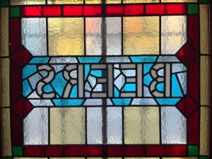 'Beers' in stained glass, backward'Beers' in stained glass, backward